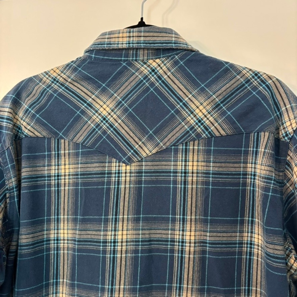 Wrangler Mens XL Blue Plaid Western Pearl Snap Shirt Long Sleeve Raw Hem Grunge - Picture 12 of 16